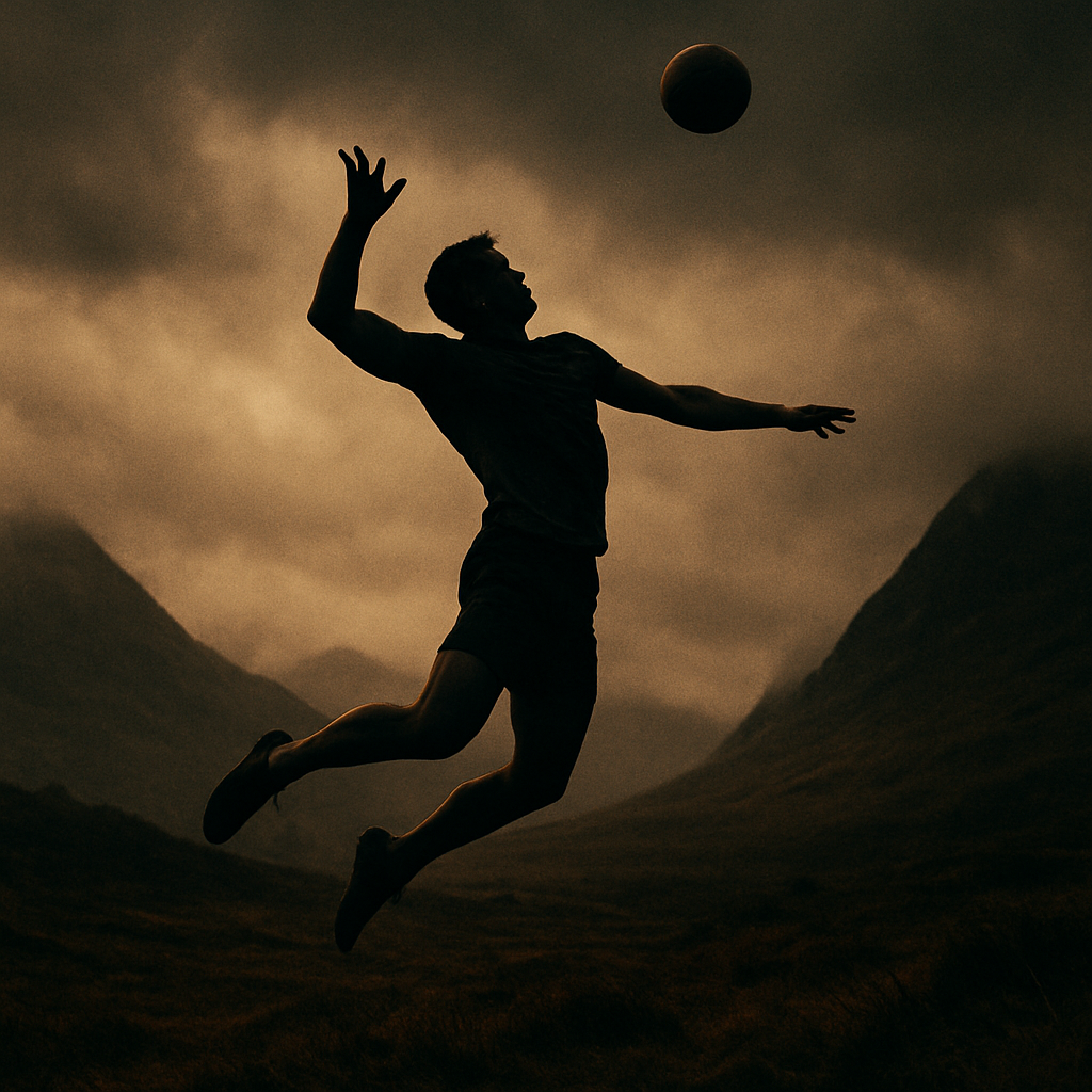 Volleyball player mid-spike with Scottish highlands in the background